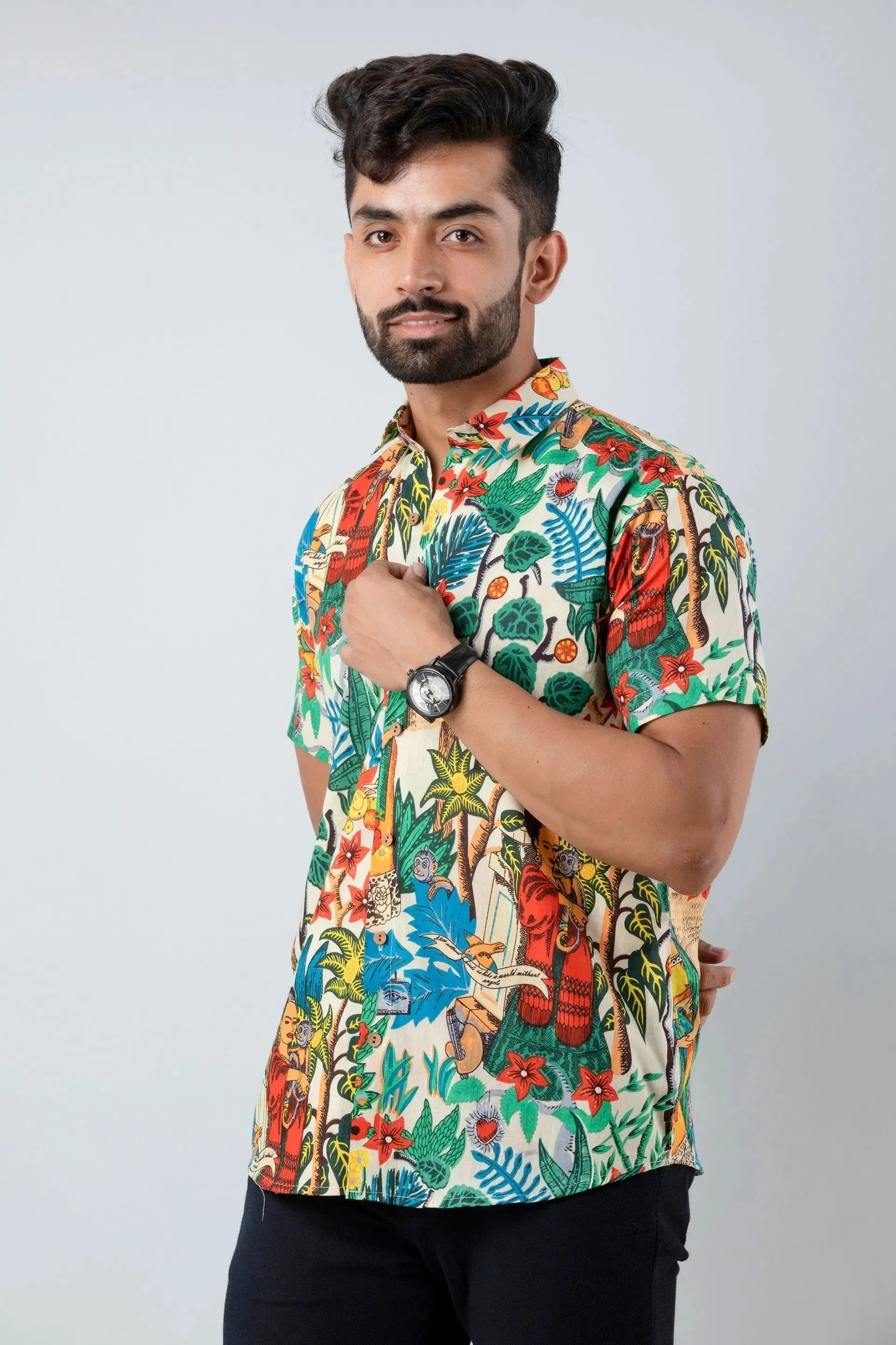 Firangi Yarn Cotton Block Lady Madelline and Botanical Printed Shirt For Men