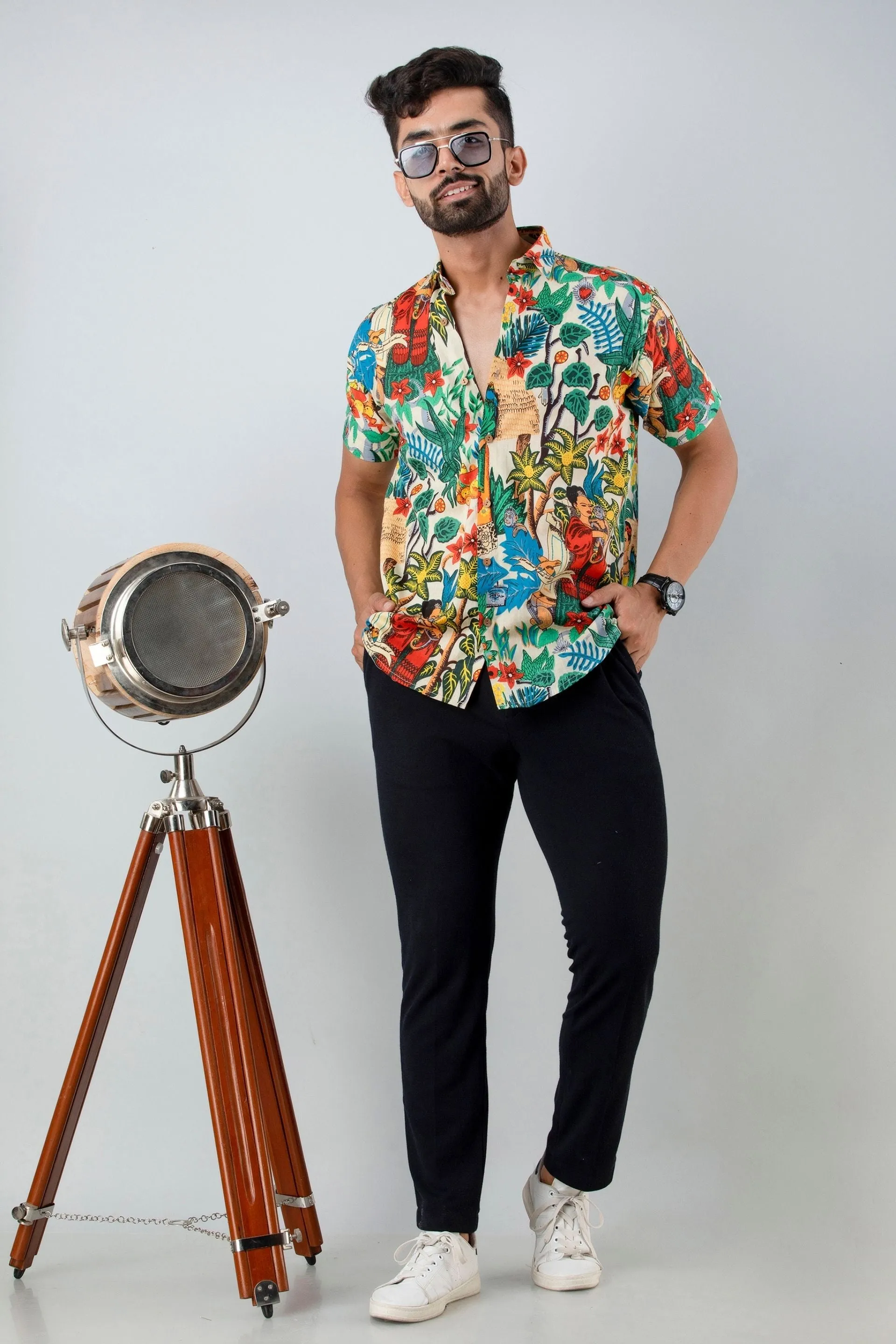 Firangi Yarn Cotton Block Lady Madelline and Botanical Printed Shirt For Men