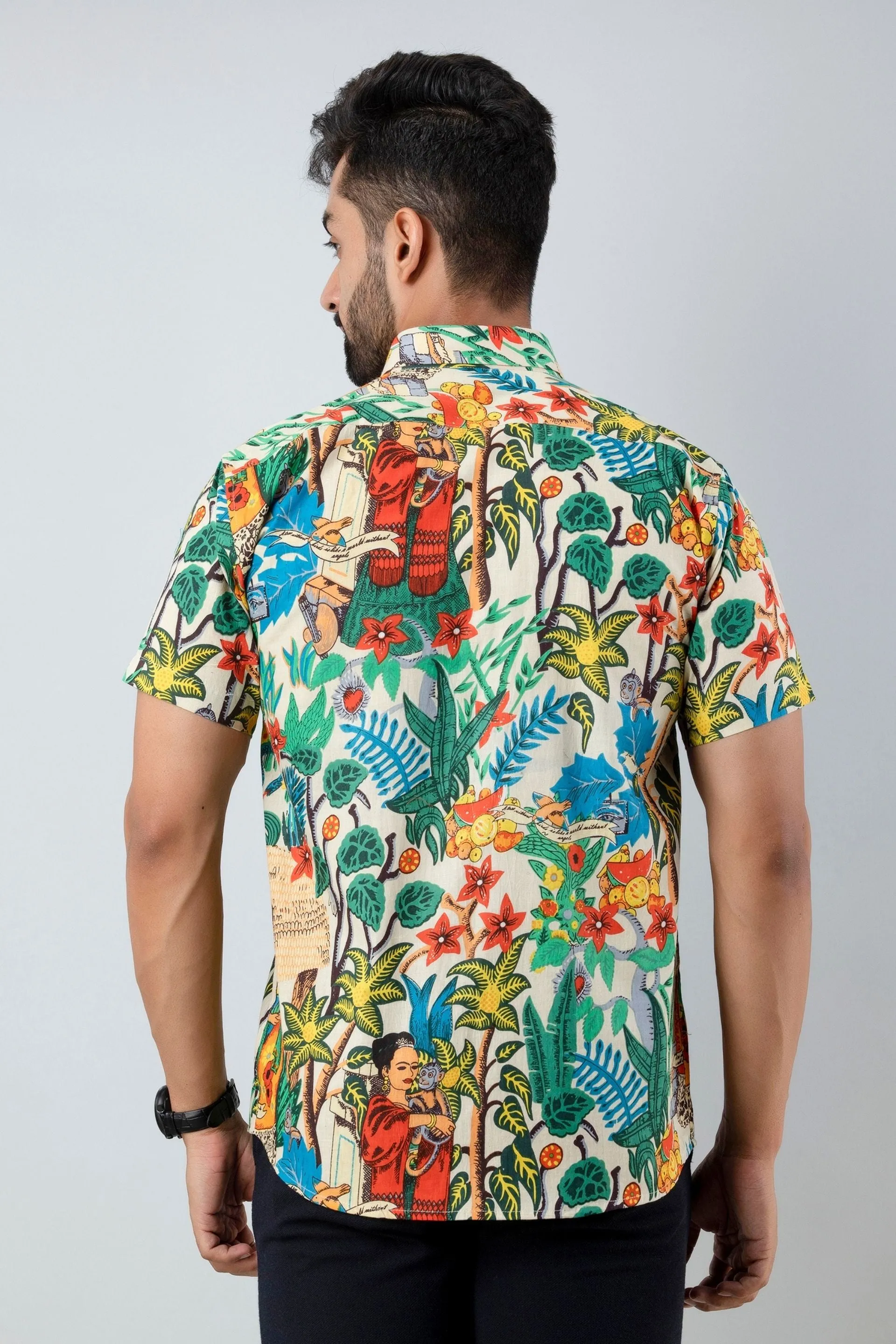 Firangi Yarn Cotton Block Lady Madelline and Botanical Printed Shirt For Men