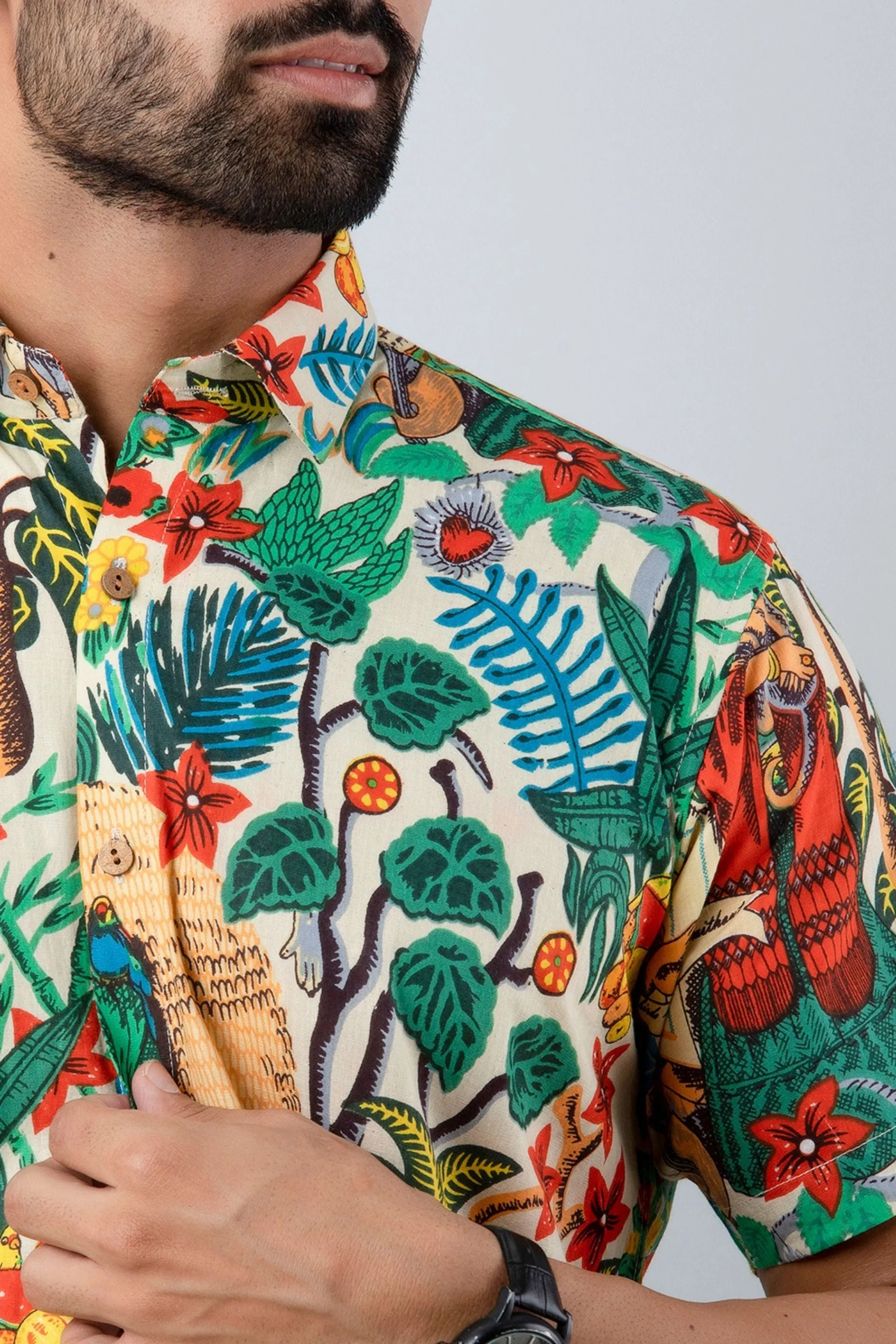 Firangi Yarn Cotton Block Lady Madelline and Botanical Printed Shirt For Men