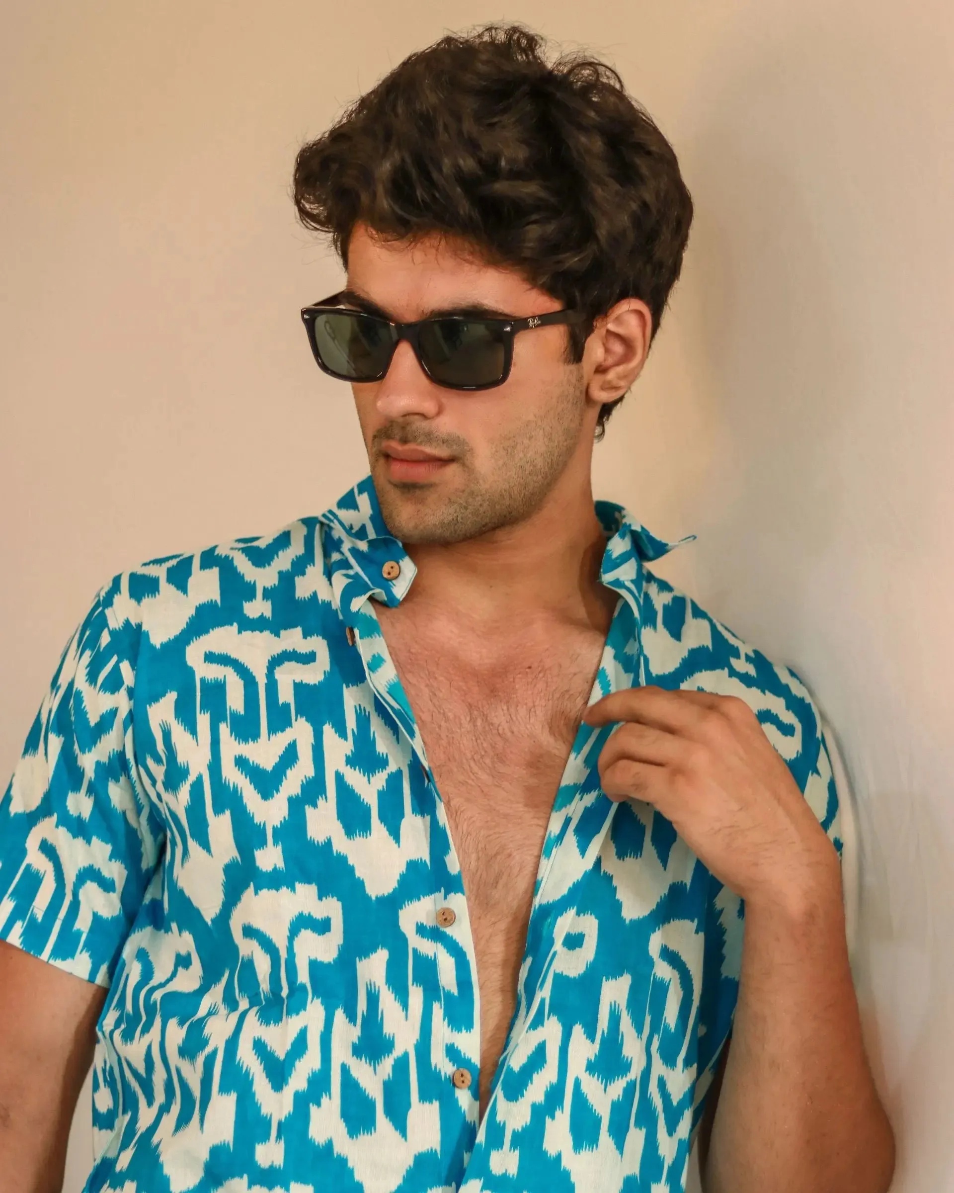Firangi Yarn Cotton Blue Block Abstract Printed Shirt For Men