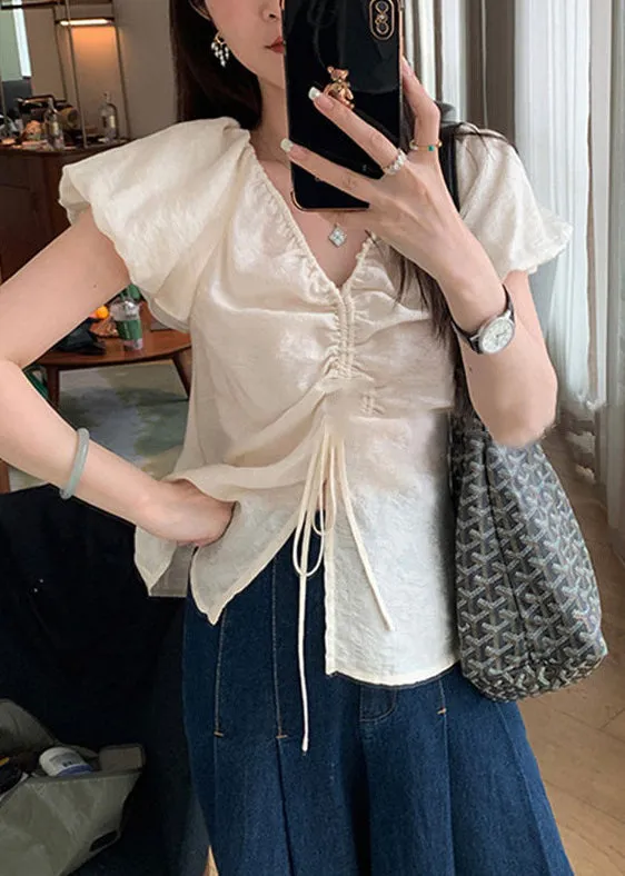 French Khaki V Neck Lace Up Cotton Shirts Puff Sleeve OP1056