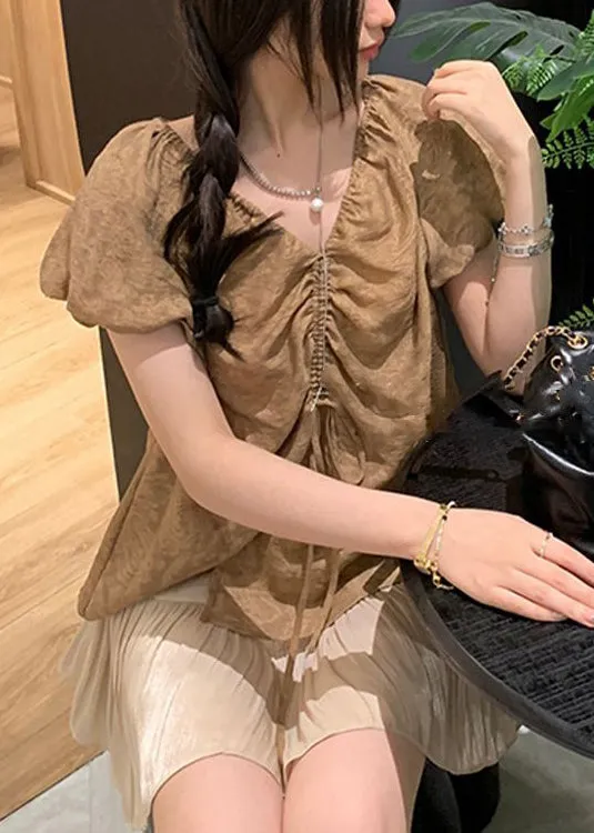French Khaki V Neck Lace Up Cotton Shirts Puff Sleeve OP1056