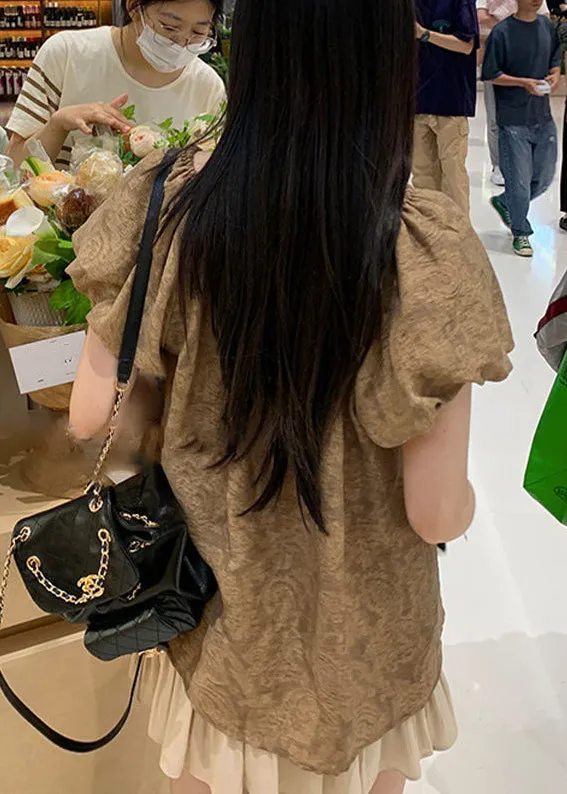 French Khaki V Neck Lace Up Cotton Shirts Puff Sleeve OP1056