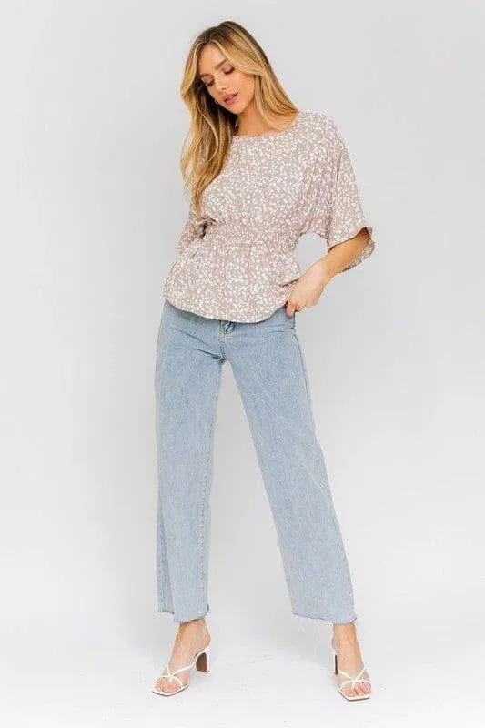 Gilli | Short Dolman Sleeve Smocking Waist Abstract Top