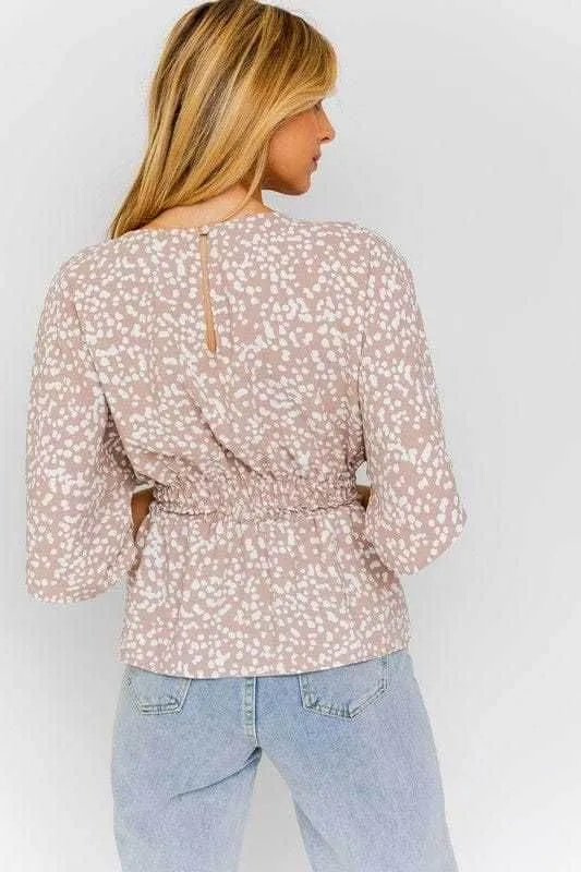 Gilli | Short Dolman Sleeve Smocking Waist Abstract Top
