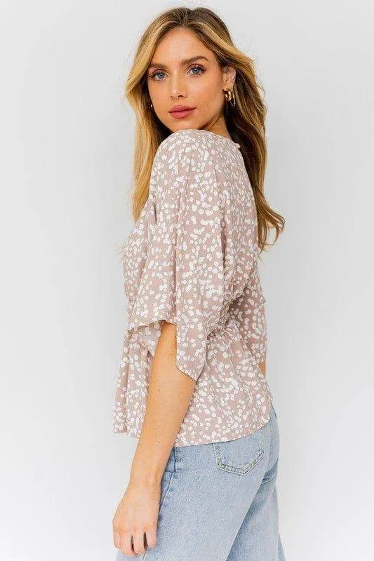 Gilli | Short Dolman Sleeve Smocking Waist Abstract Top
