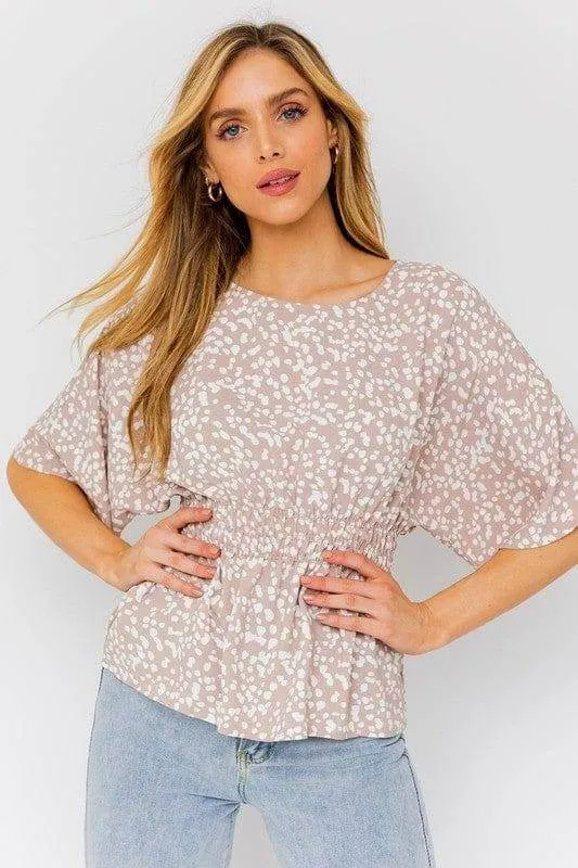 Gilli | Short Dolman Sleeve Smocking Waist Abstract Top