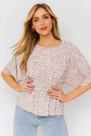 Gilli | Short Dolman Sleeve Smocking Waist Abstract Top
