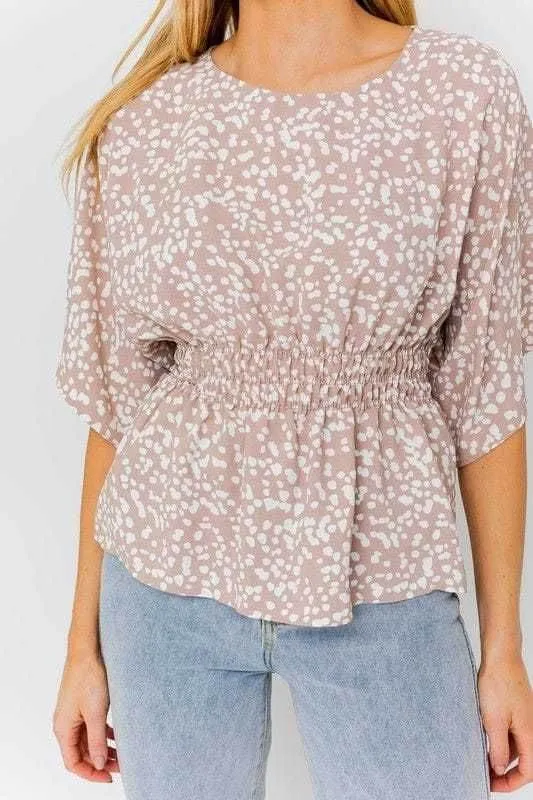 Gilli | Short Dolman Sleeve Smocking Waist Abstract Top
