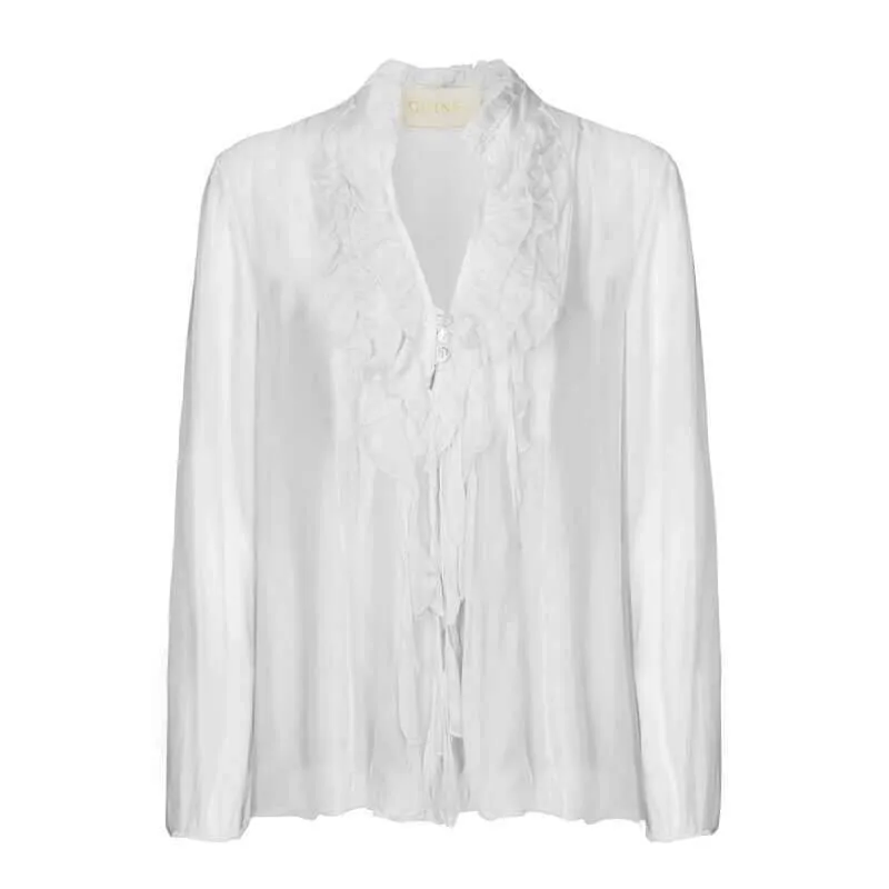 Guinea Silk Blend Ladies Ruffle Top - White (One Size)