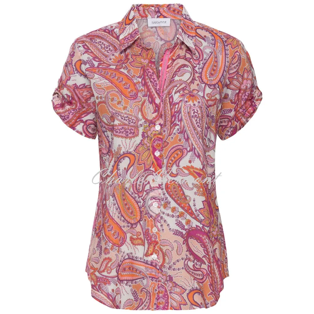 Just White Short Sleeve Paisley Blouse - Style J2885