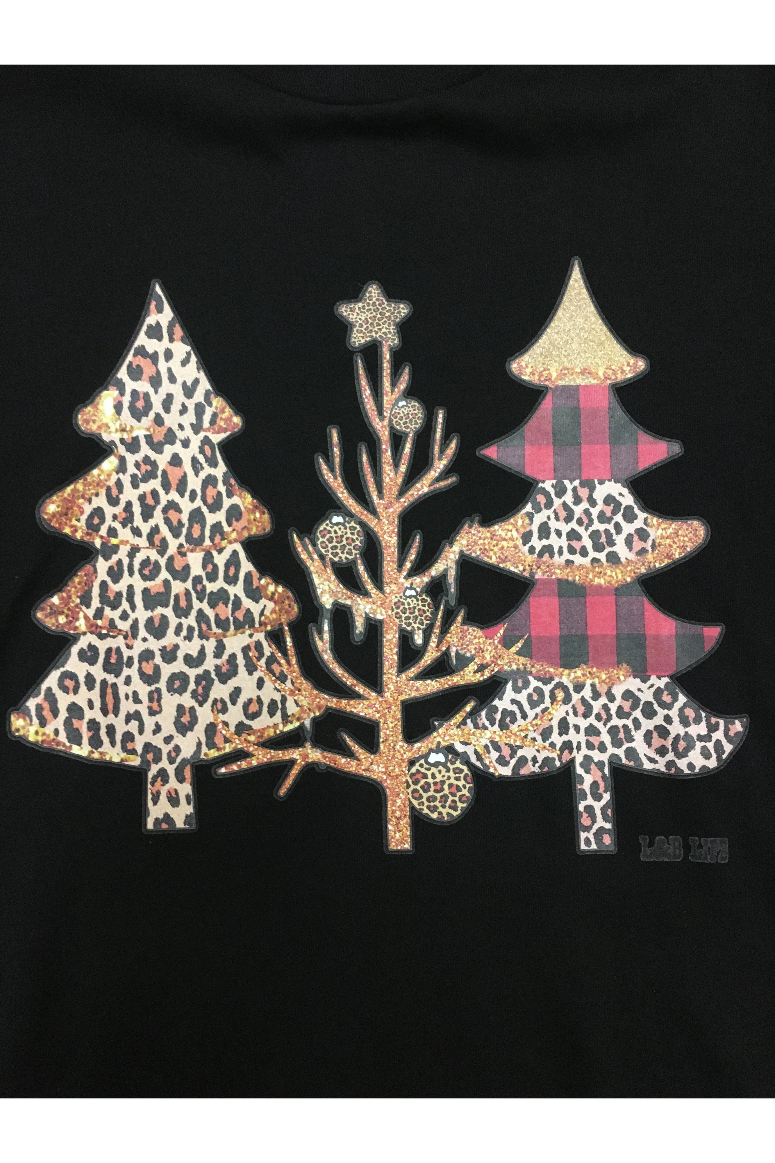 L and B Tees Black Leopard And Plaid Christmas Trees Tee