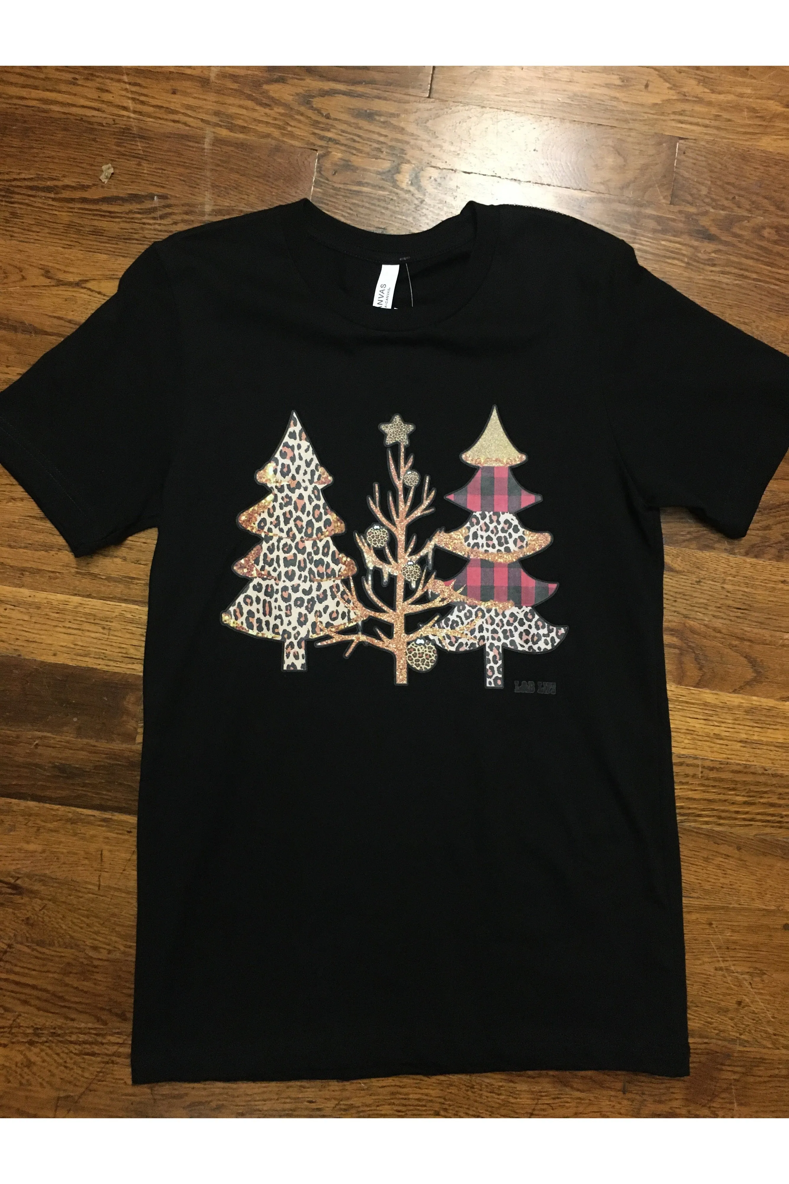 L and B Tees Black Leopard And Plaid Christmas Trees Tee