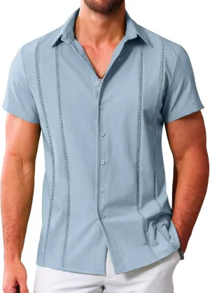 LETSEE Men's Cuban Guayabera Shirt Short Sleeve Casual Button Down Shirts Summer Beach Linen Shirts