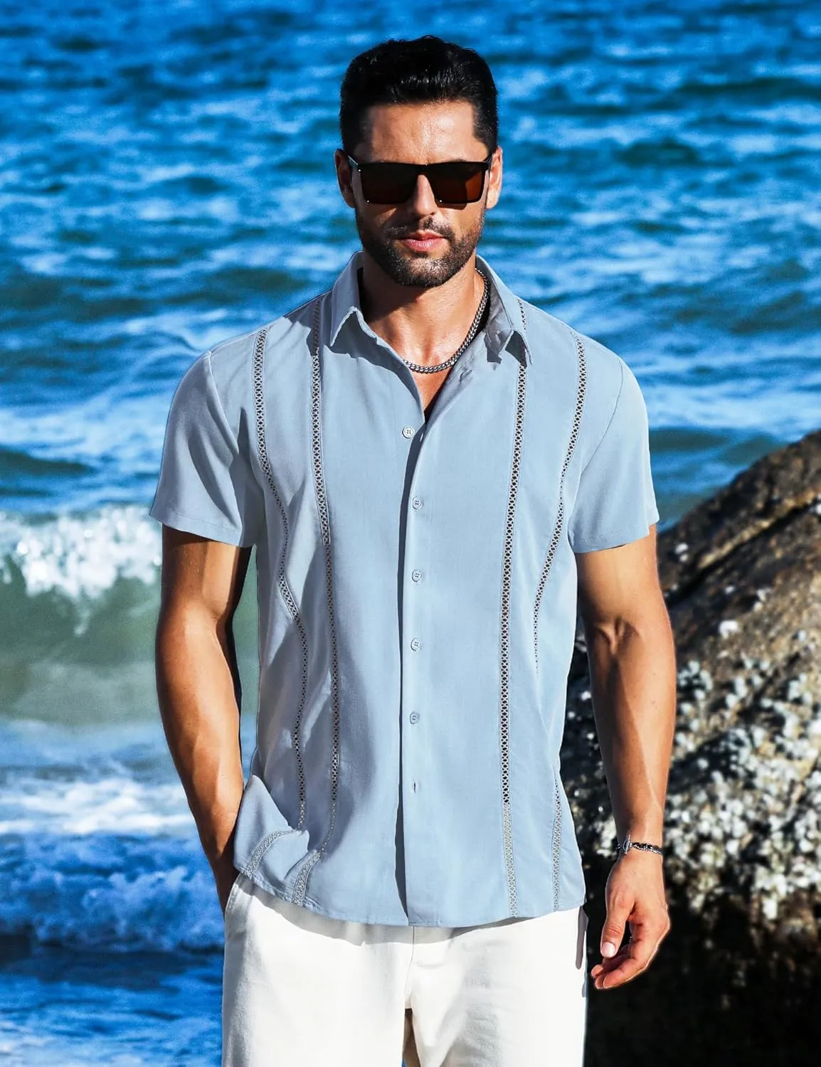 LETSEE Men's Cuban Guayabera Shirt Short Sleeve Casual Button Down Shirts Summer Beach Linen Shirts