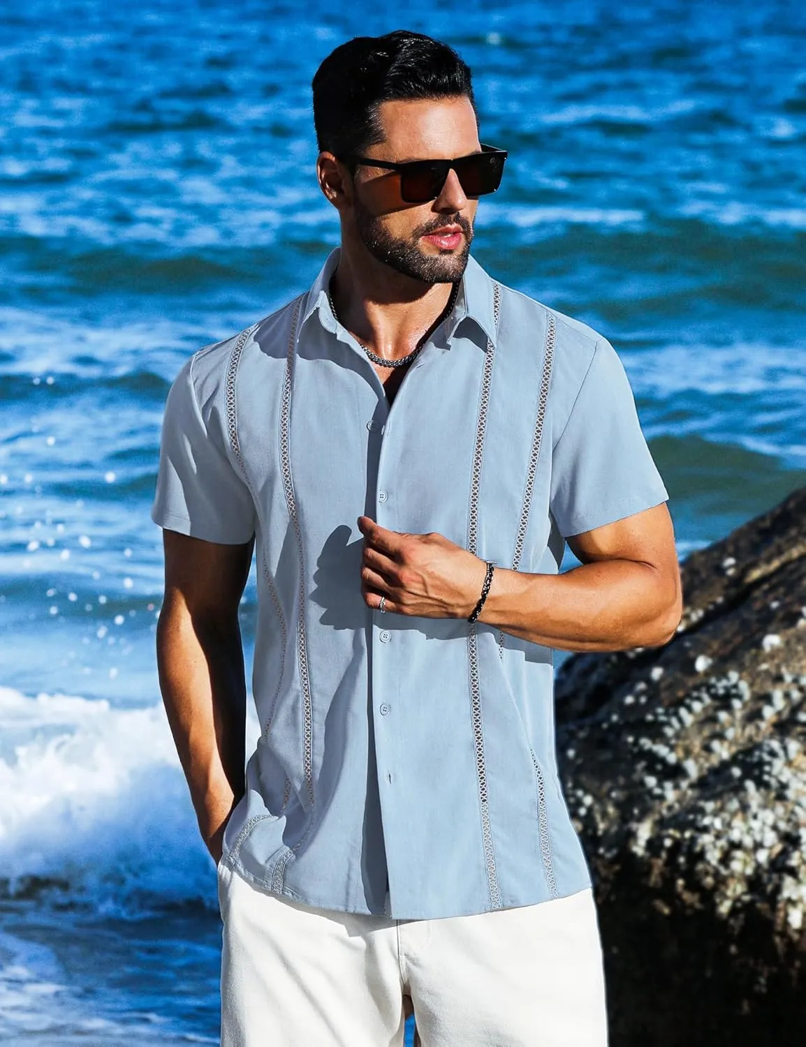 LETSEE Men's Cuban Guayabera Shirt Short Sleeve Casual Button Down Shirts Summer Beach Linen Shirts