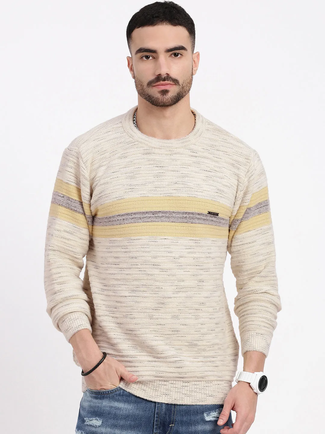 Men Cream Striped Sweater