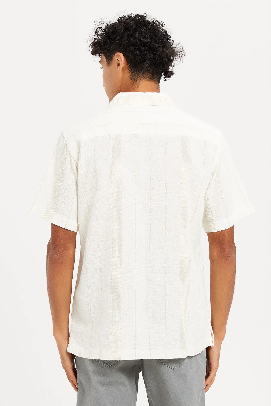 Men Plain Beige Textured Collar Shirt