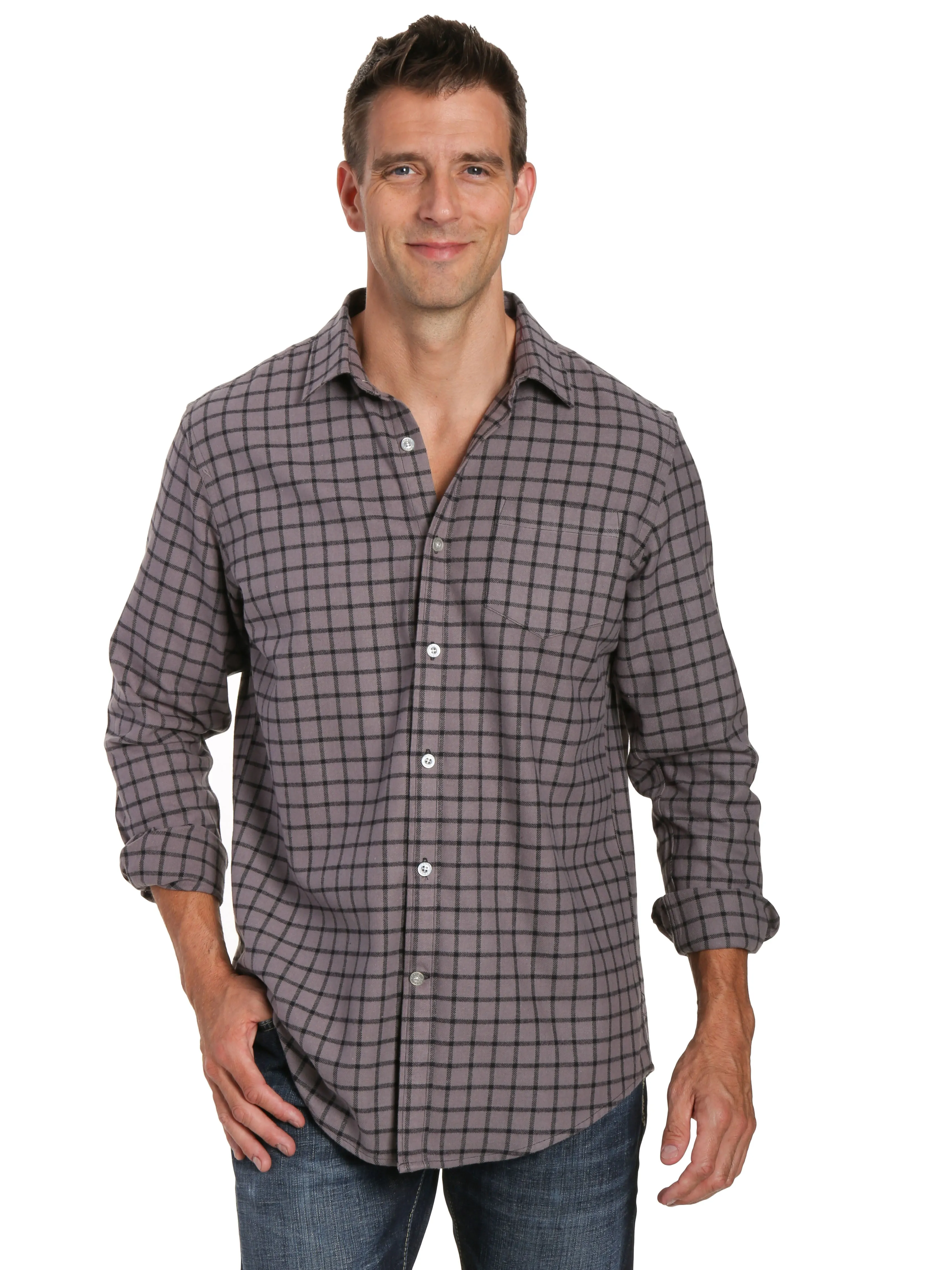 Mens 100% Cotton Flannel Shirt - Regular Fit - Checks - Charcoal Black