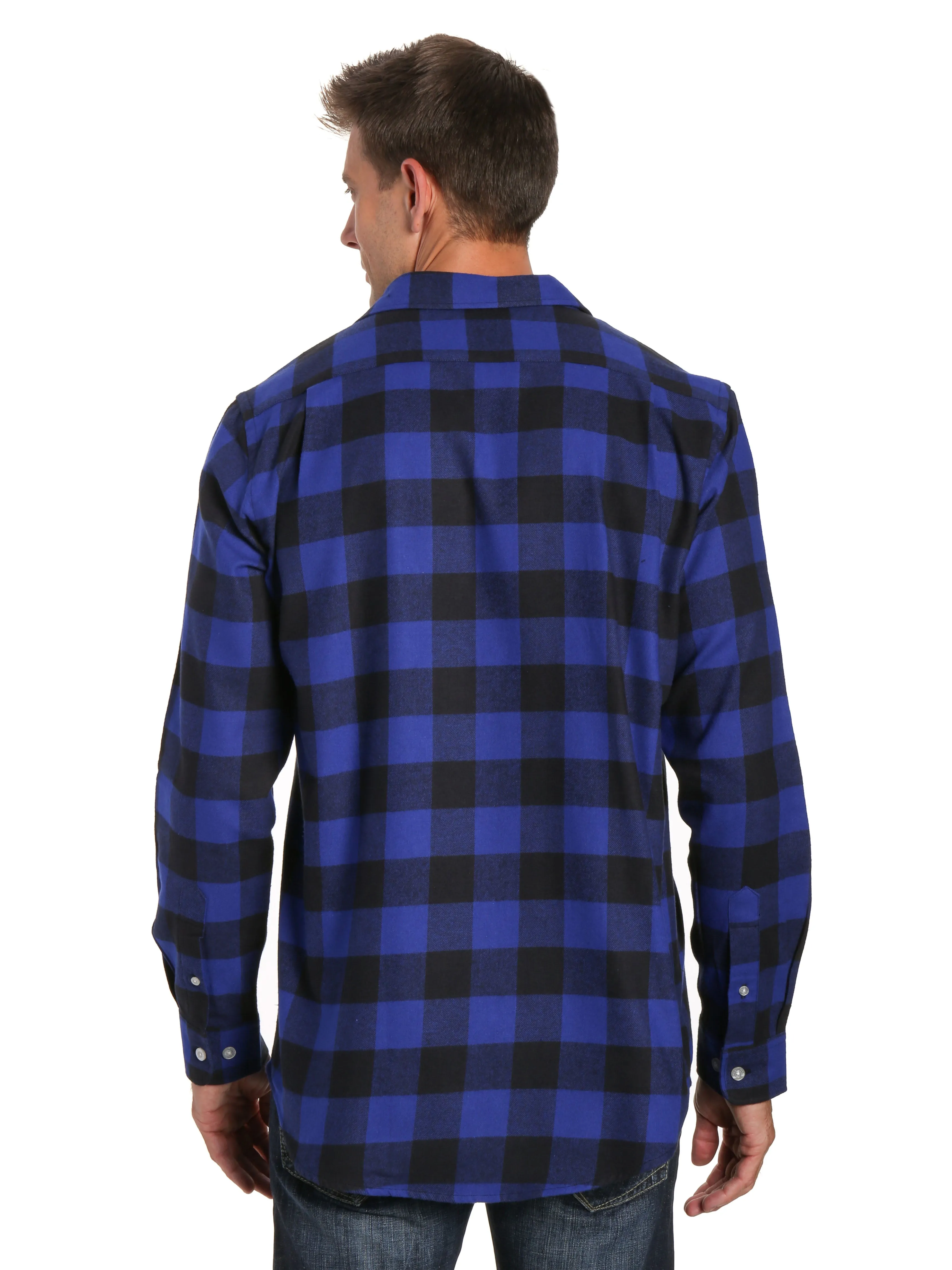 Mens 100% Cotton Flannel Shirt - Regular Fit - Gingham Checks - Blue-Black