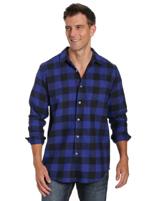 Mens 100% Cotton Flannel Shirt - Regular Fit - Gingham Checks - Blue-Black
