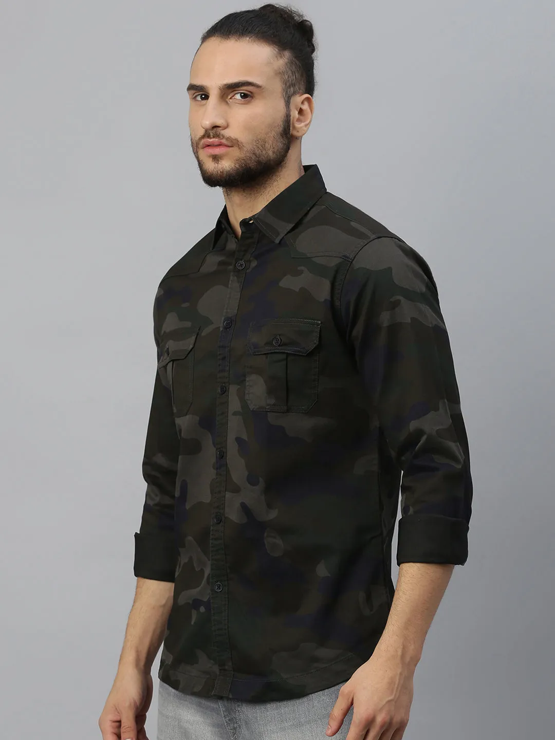 Men's Army Spread Collar Fit Fulll Sleves Shirts (Brown)