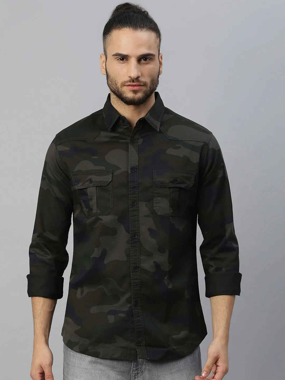 Men's Army Spread Collar Fit Fulll Sleves Shirts (Brown)