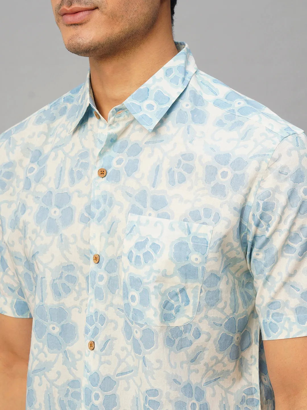 Men's Cotton Hand Block Printed Regular Fit Blue Shirt