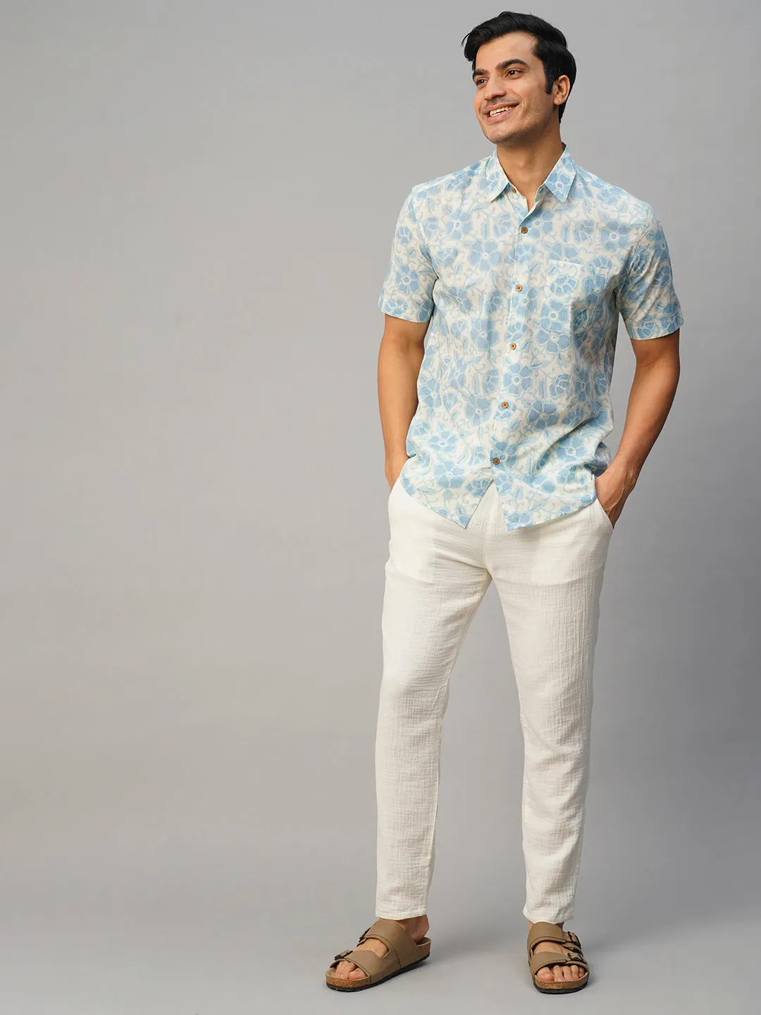 Men's Cotton Hand Block Printed Regular Fit Blue Shirt