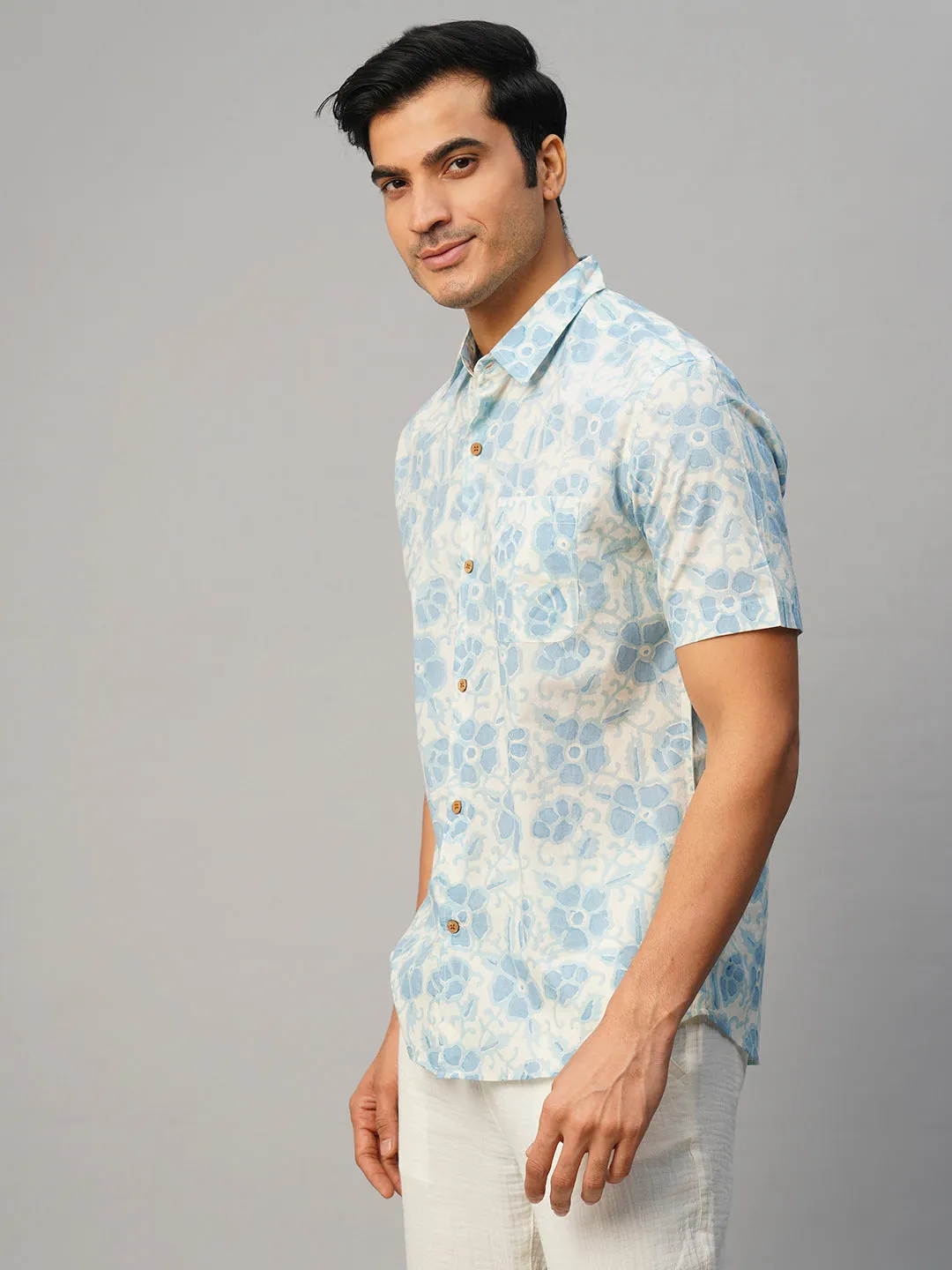Men's Cotton Hand Block Printed Regular Fit Blue Shirt