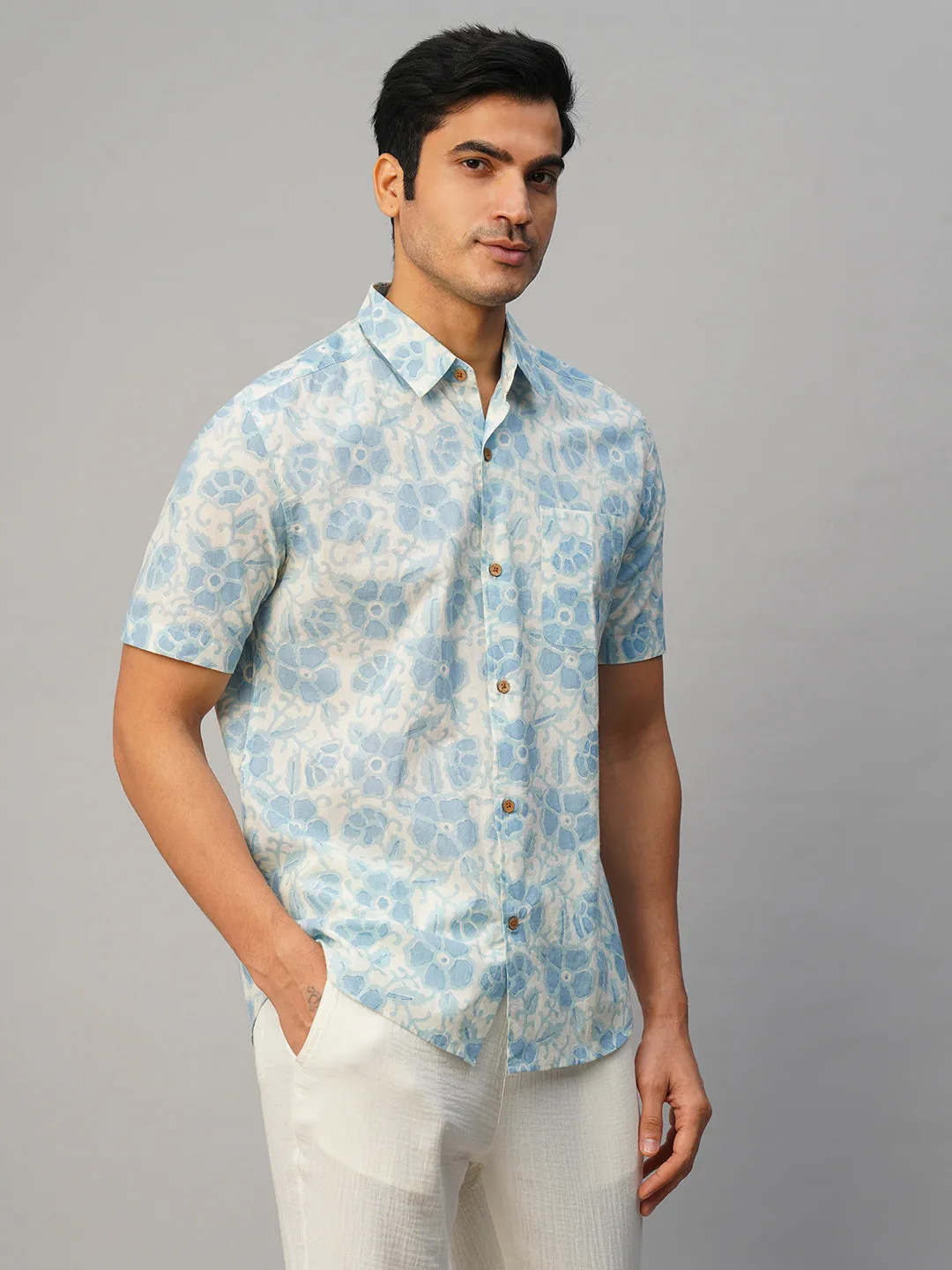 Men's Cotton Hand Block Printed Regular Fit Blue Shirt