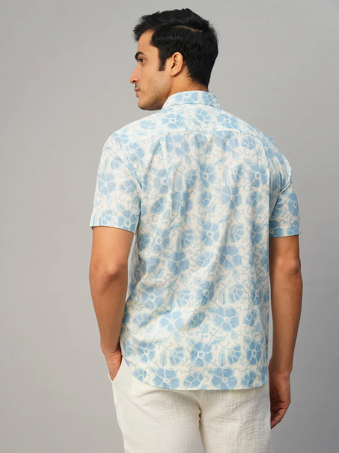 Men's Cotton Hand Block Printed Regular Fit Blue Shirt