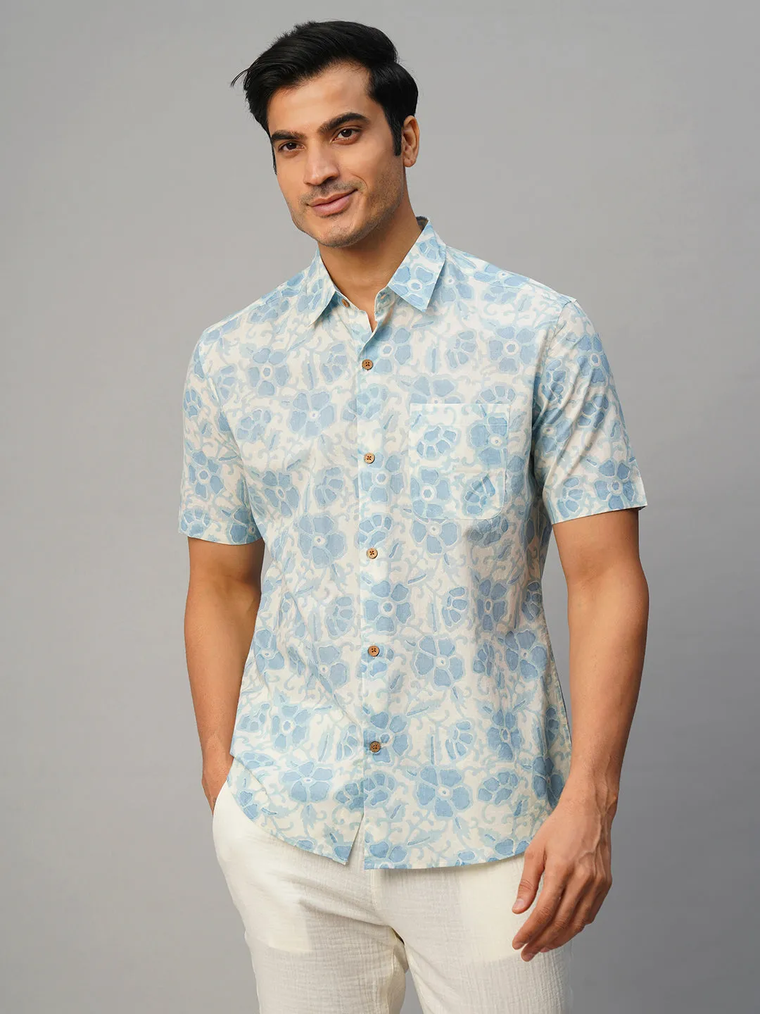 Men's Cotton Hand Block Printed Regular Fit Blue Shirt