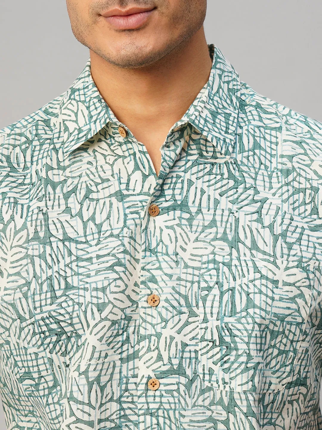 Men’s Cotton Hand Block Printed Regular Fit Green Shirt