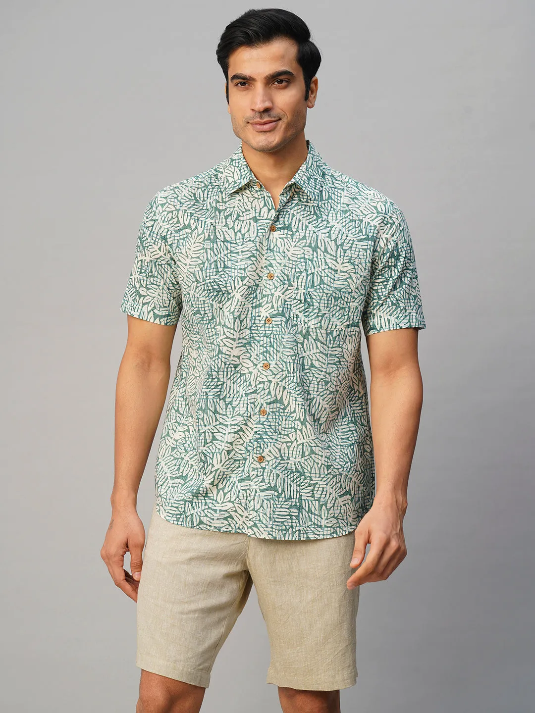 Men’s Cotton Hand Block Printed Regular Fit Green Shirt