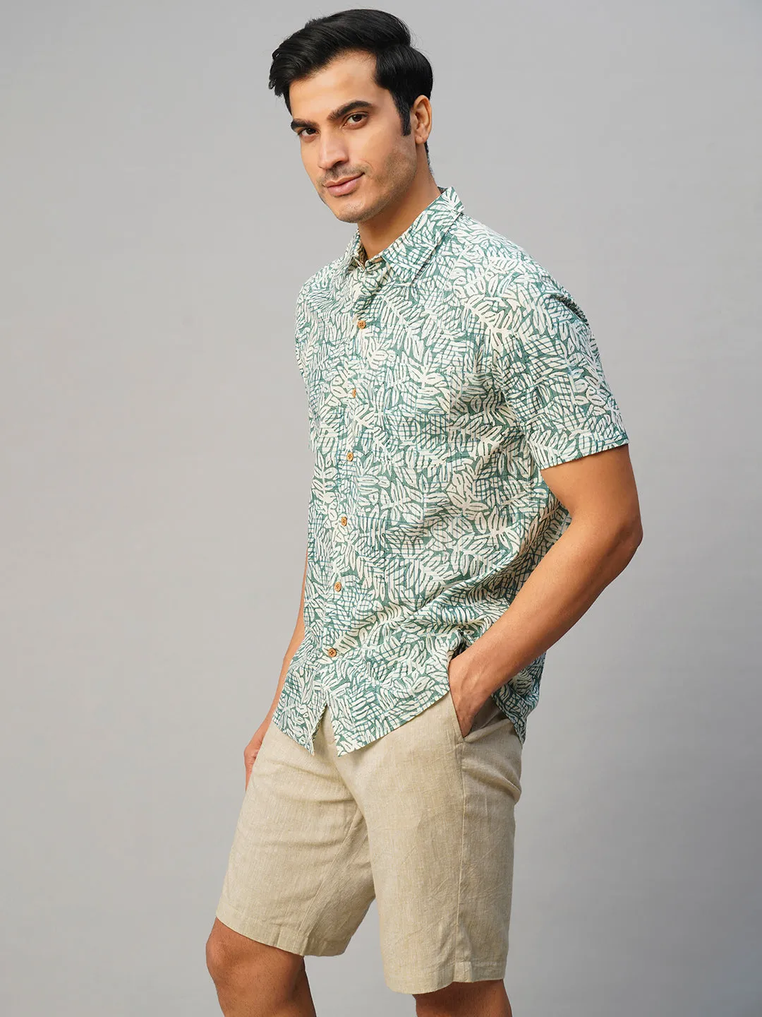 Men’s Cotton Hand Block Printed Regular Fit Green Shirt