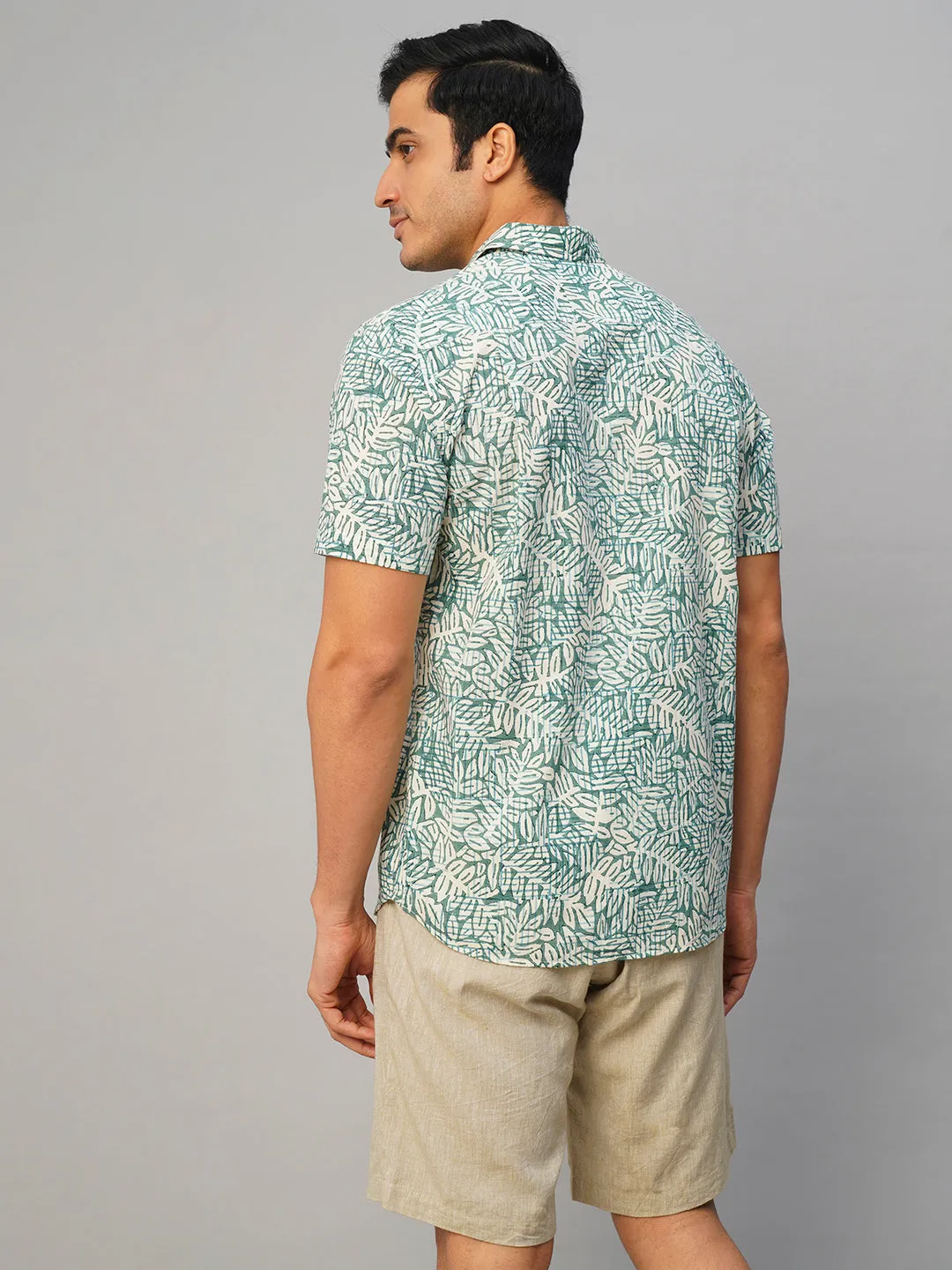 Men’s Cotton Hand Block Printed Regular Fit Green Shirt