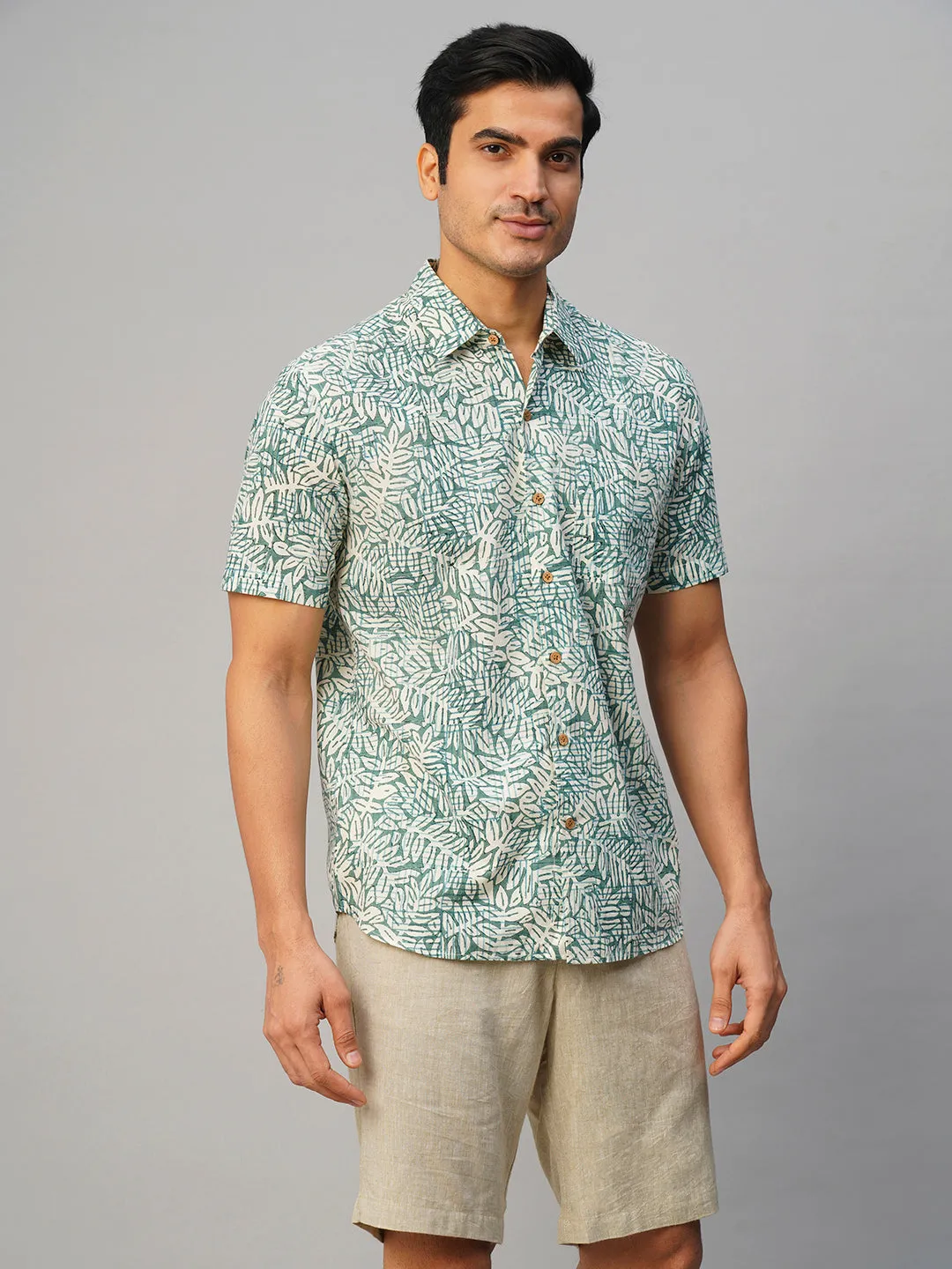 Men’s Cotton Hand Block Printed Regular Fit Green Shirt