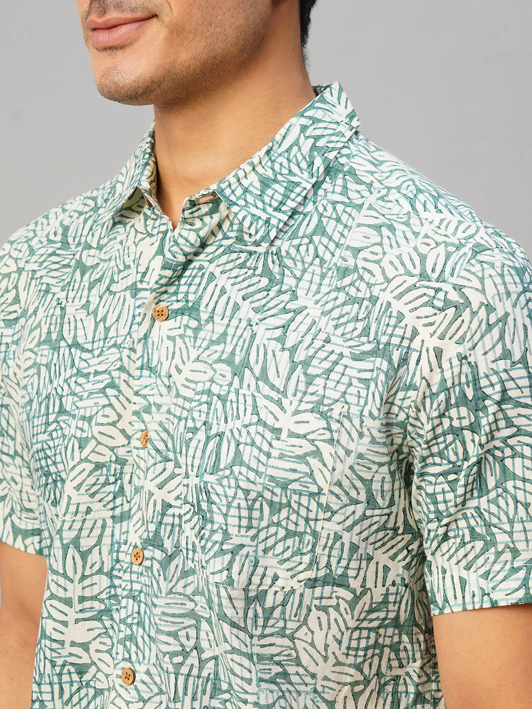 Men’s Cotton Hand Block Printed Regular Fit Green Shirt