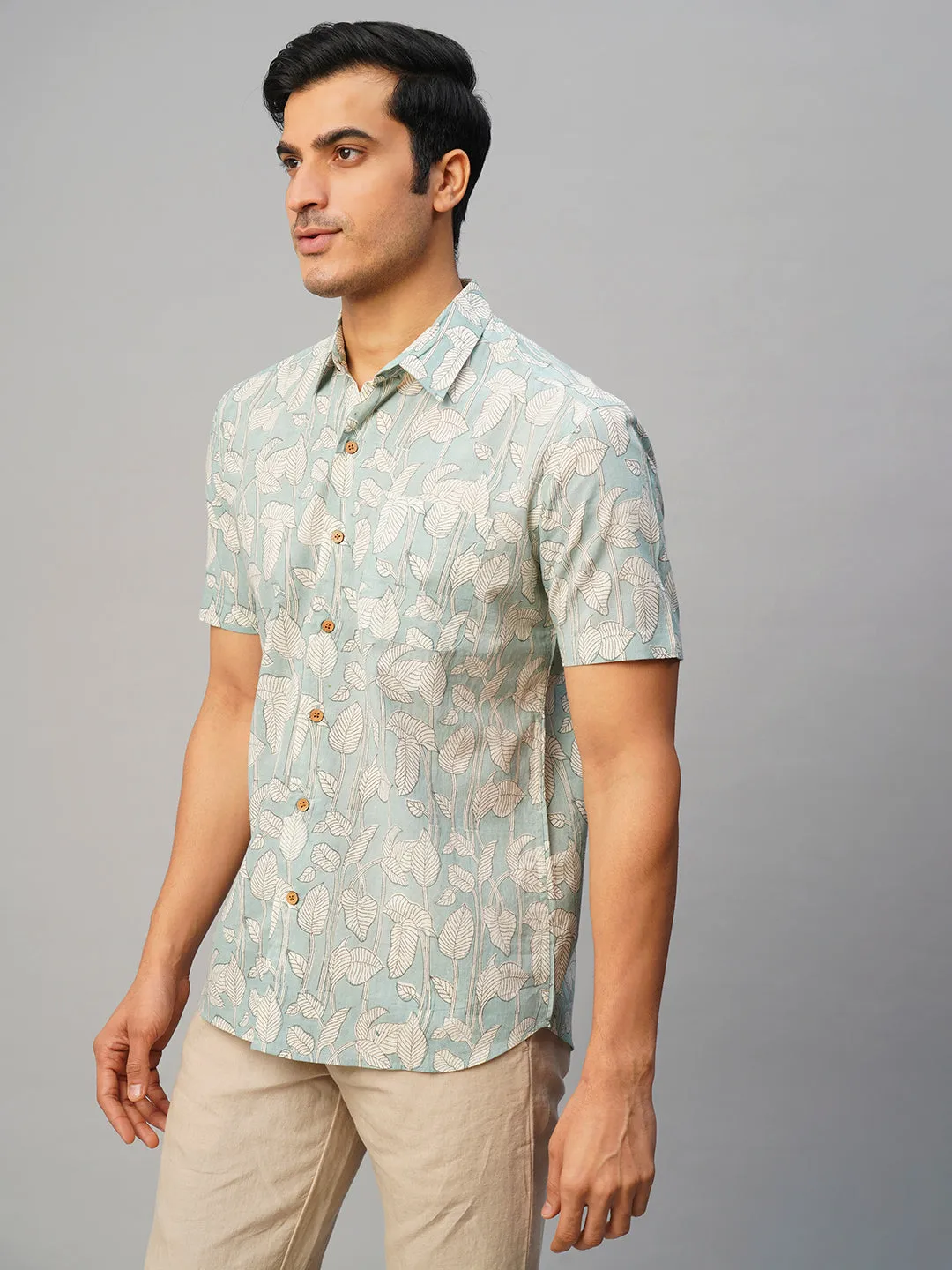 Men's Cotton Hand Block Printed Regular Fit Grey Shirt