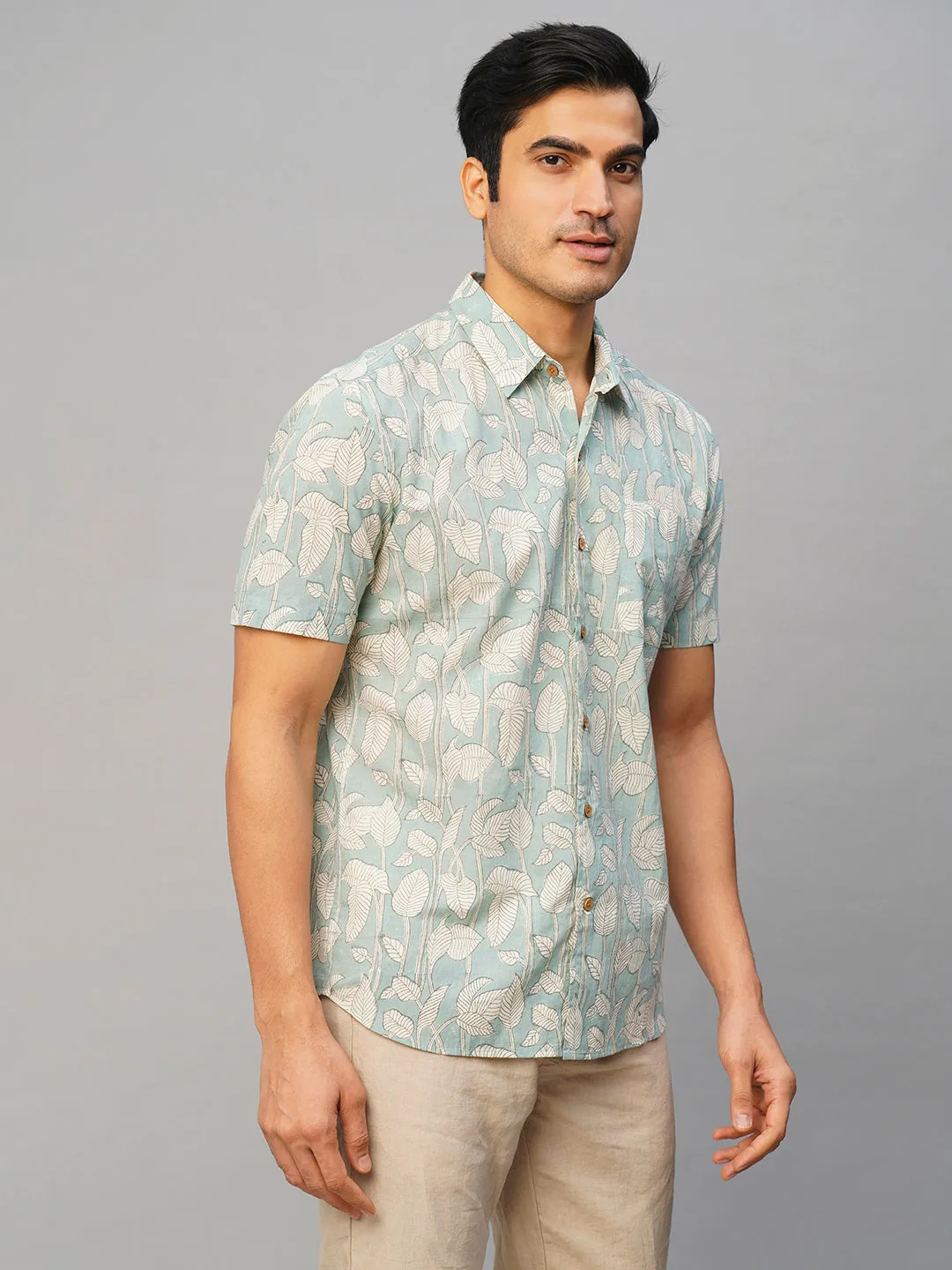 Men's Cotton Hand Block Printed Regular Fit Grey Shirt