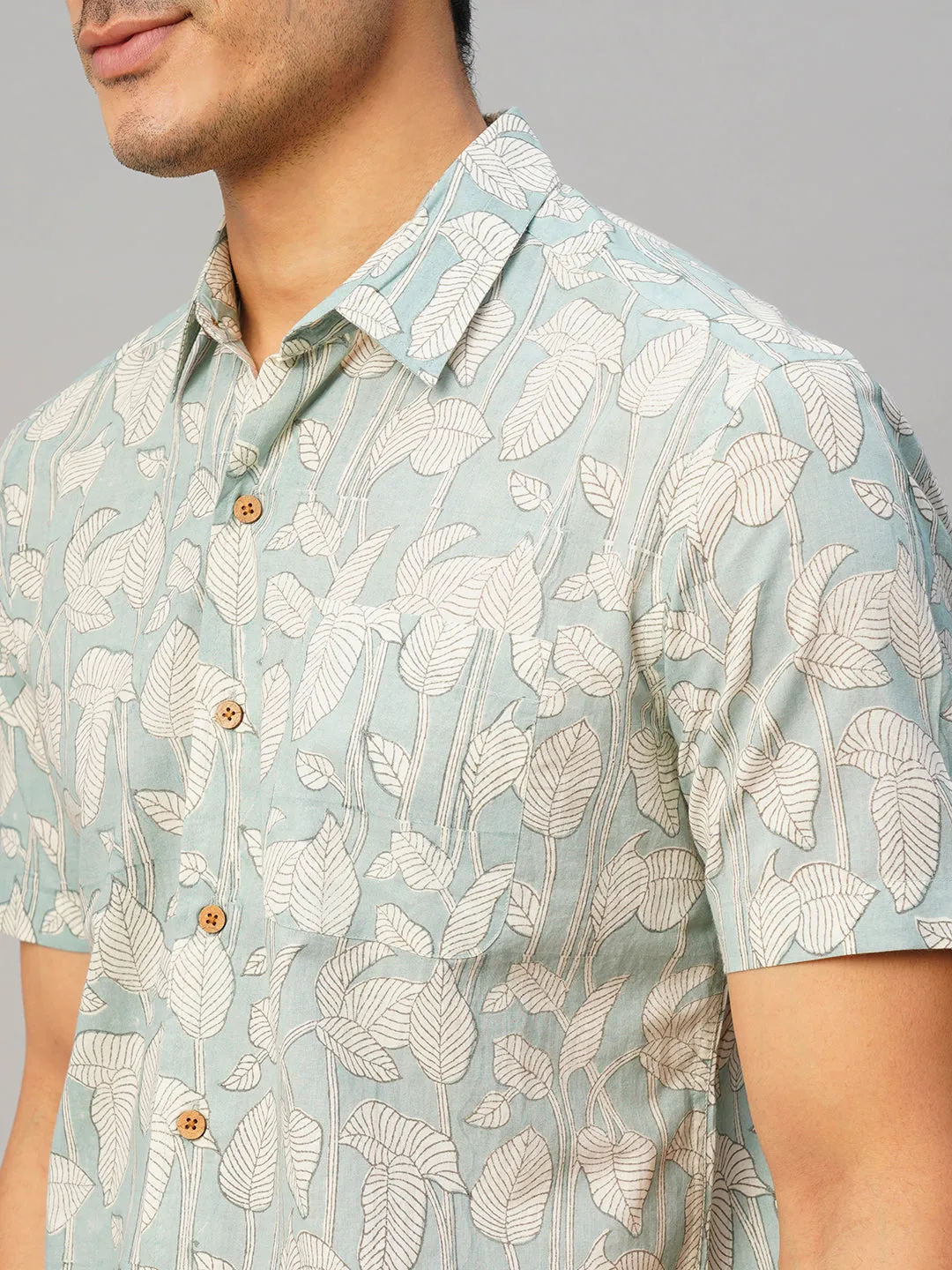 Men's Cotton Hand Block Printed Regular Fit Grey Shirt
