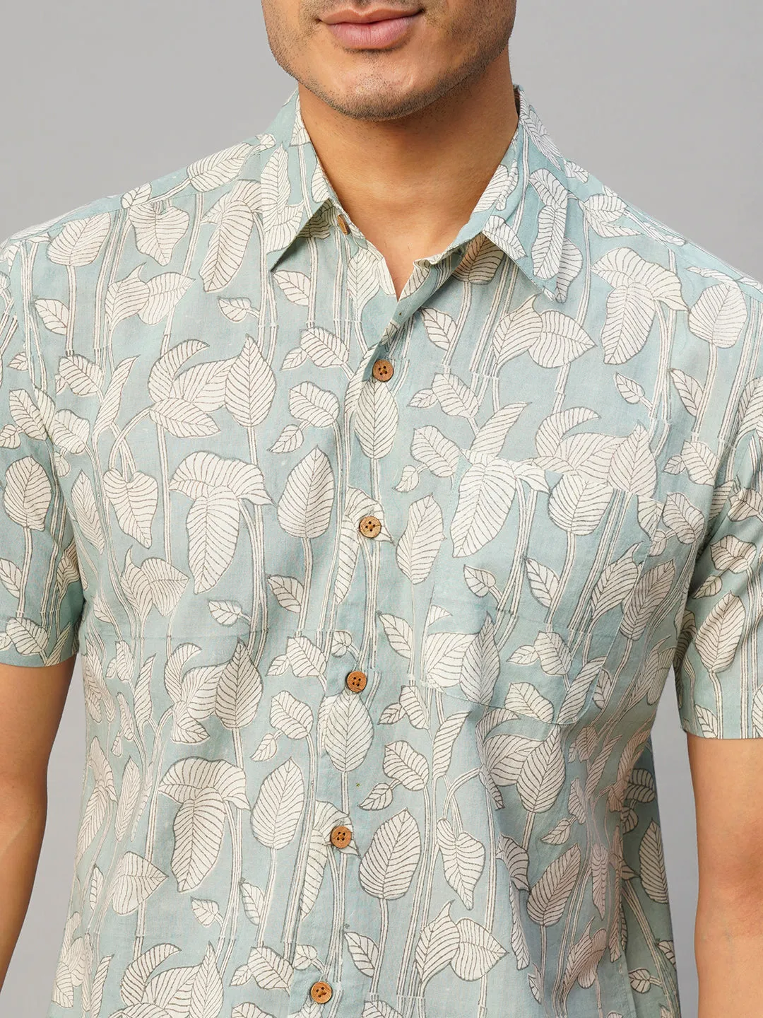 Men's Cotton Hand Block Printed Regular Fit Grey Shirt