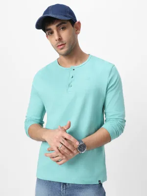 Men's Nile Blue Solid Henley Neck Slim Fit Full Sleeve Cotton T-Shirt