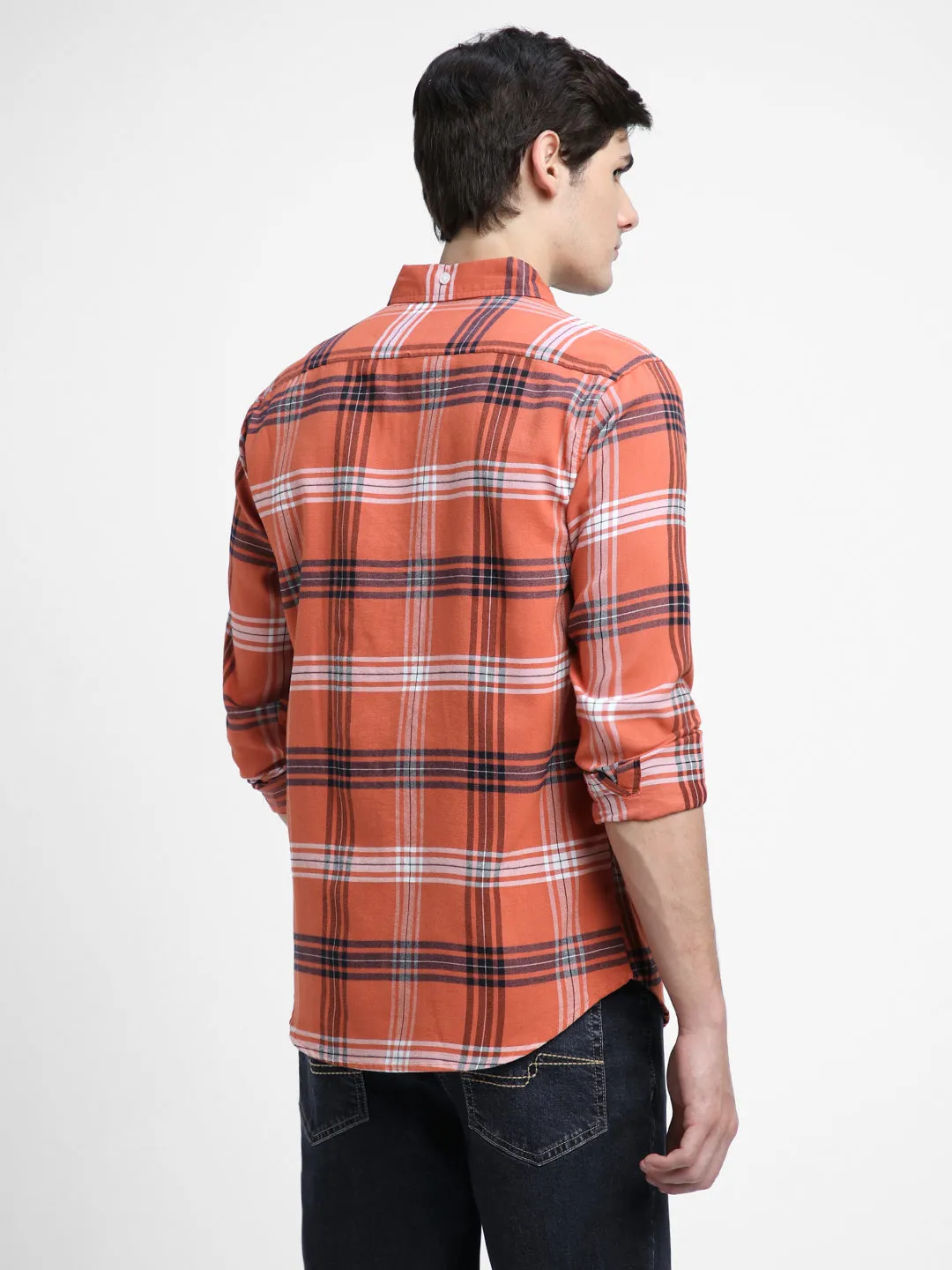 Men's Regular Collar Slim Fit Checks Orange Casual Shirts