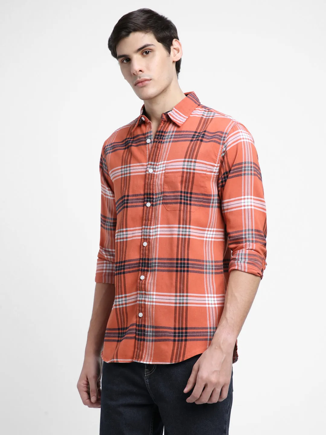 Men's Regular Collar Slim Fit Checks Orange Casual Shirts