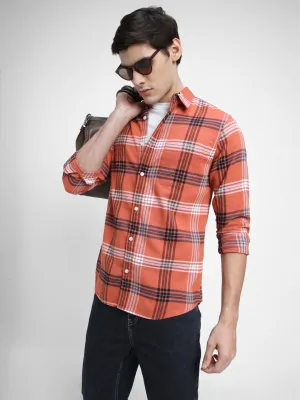 Men's Regular Collar Slim Fit Checks Orange Casual Shirts