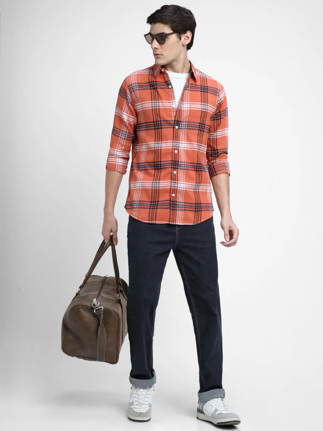 Men's Regular Collar Slim Fit Checks Orange Casual Shirts