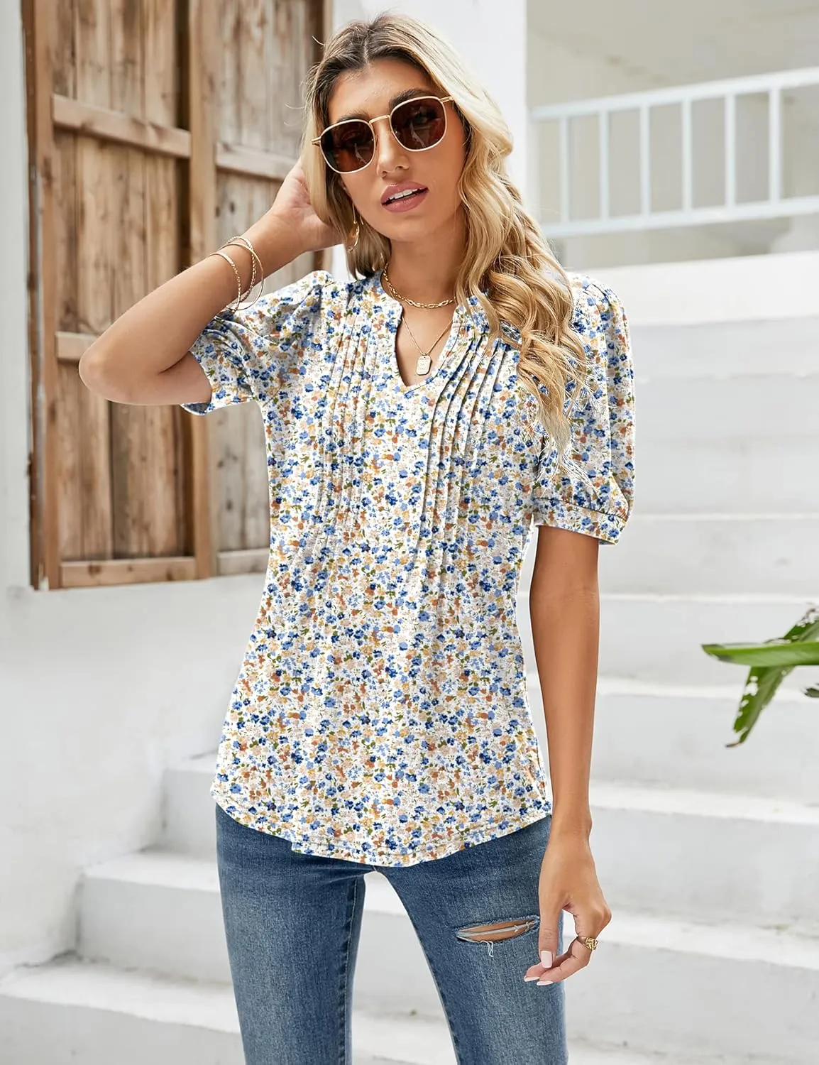 Micoson Womens V Neck Puff Short Sleeve Pleated T Shirts Fashion Summer Tops Casual Tunic Blouse